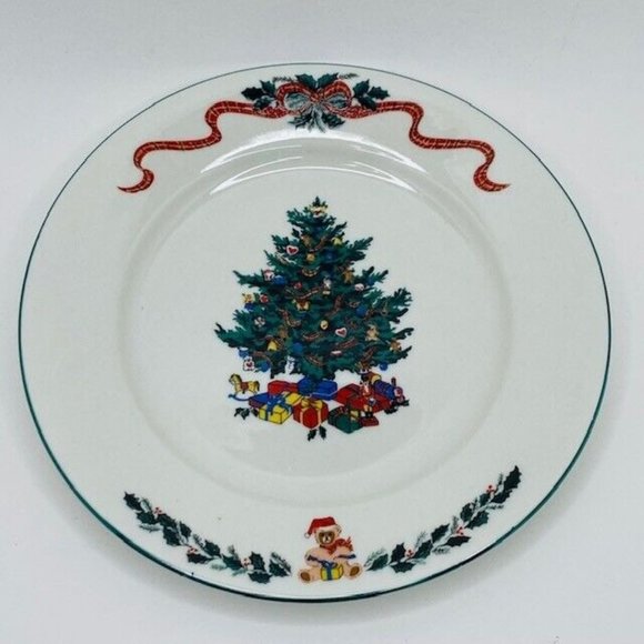 Newcor Origins Holiday Dessert Plate #126 Christmas Morning Tree Teddy Garland - Picture 1 of 6